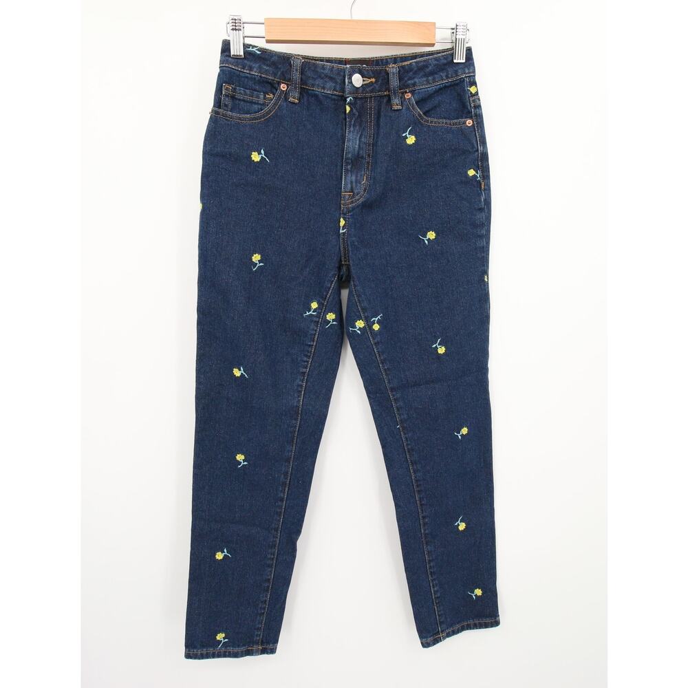 BDG Urban Outfitters Jeans Mom High Rise Floral Embroidered Dark Wash Yellow 25